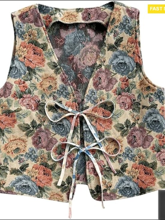 Tops - Vintage Floral Bow Tie Front Vest Sleeveless V Neck Crop Tank Top